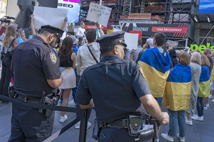 NYPD officers patrolling near a pro-Ukraine rally